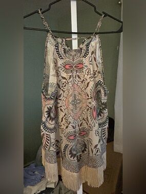 Sterling & Stitch Boho Fringe  Tank Top - Cream with coral, sage & brown